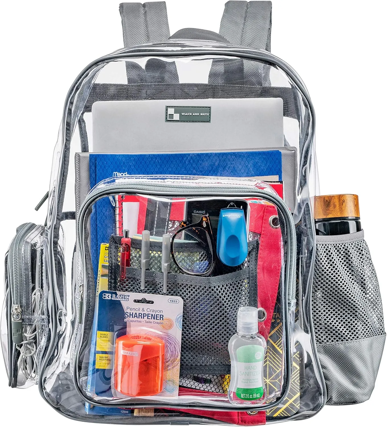 Premium Quality - Heavy Duty Clear Backpack with Mesh Organizer, Clear Bookbag (Medium, Steel Gray)