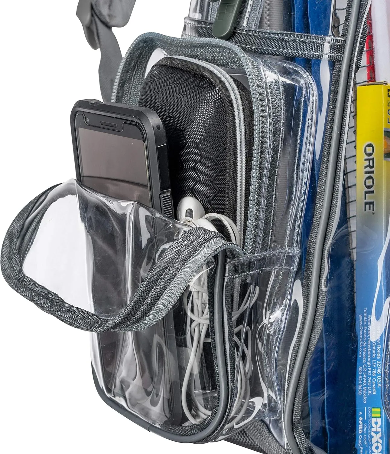 Premium Quality - Heavy Duty Clear Backpack with Mesh Organizer, Clear Bookbag (Medium, Steel Gray)