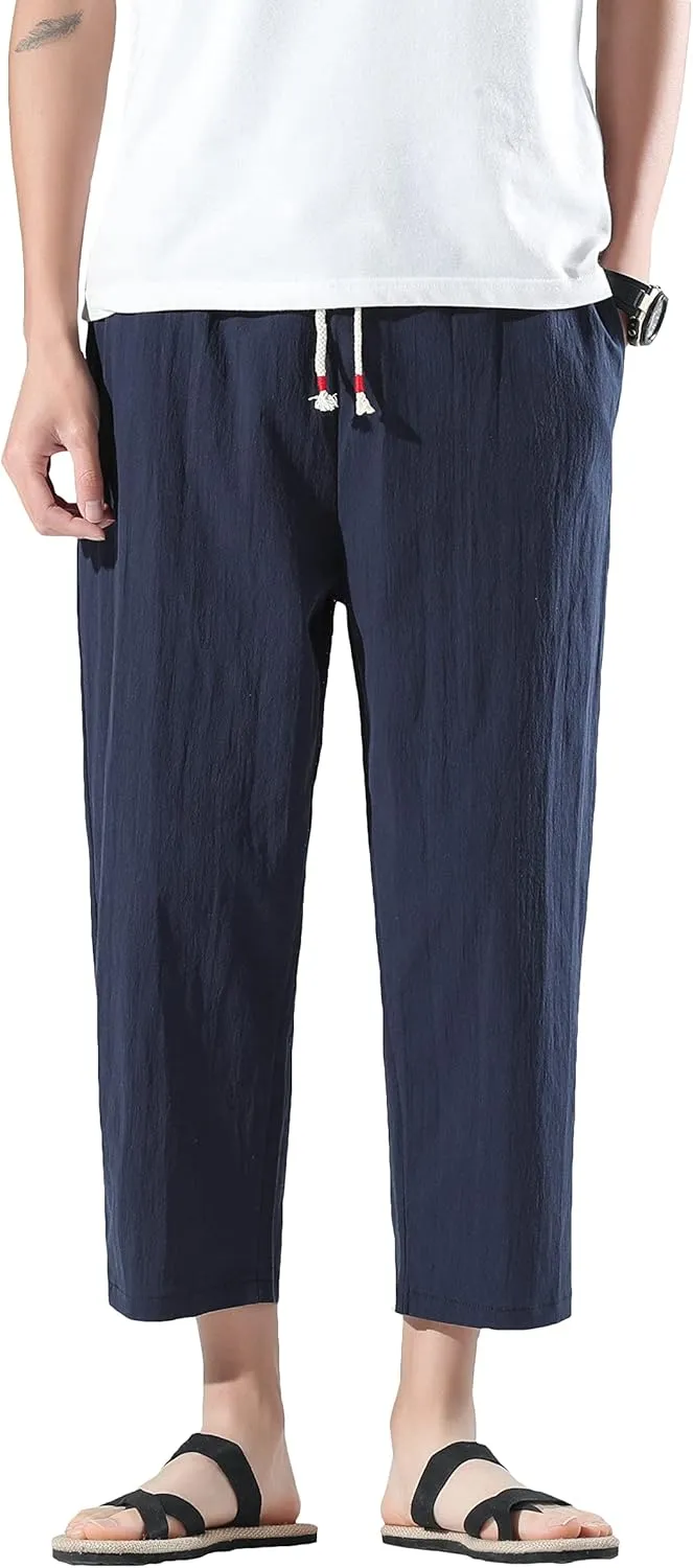 PRIJOUHE Mens Harem Pants Casual Lightweight Loose Fit Capri Pants Linen Beach Pants with Elastic Waistband
