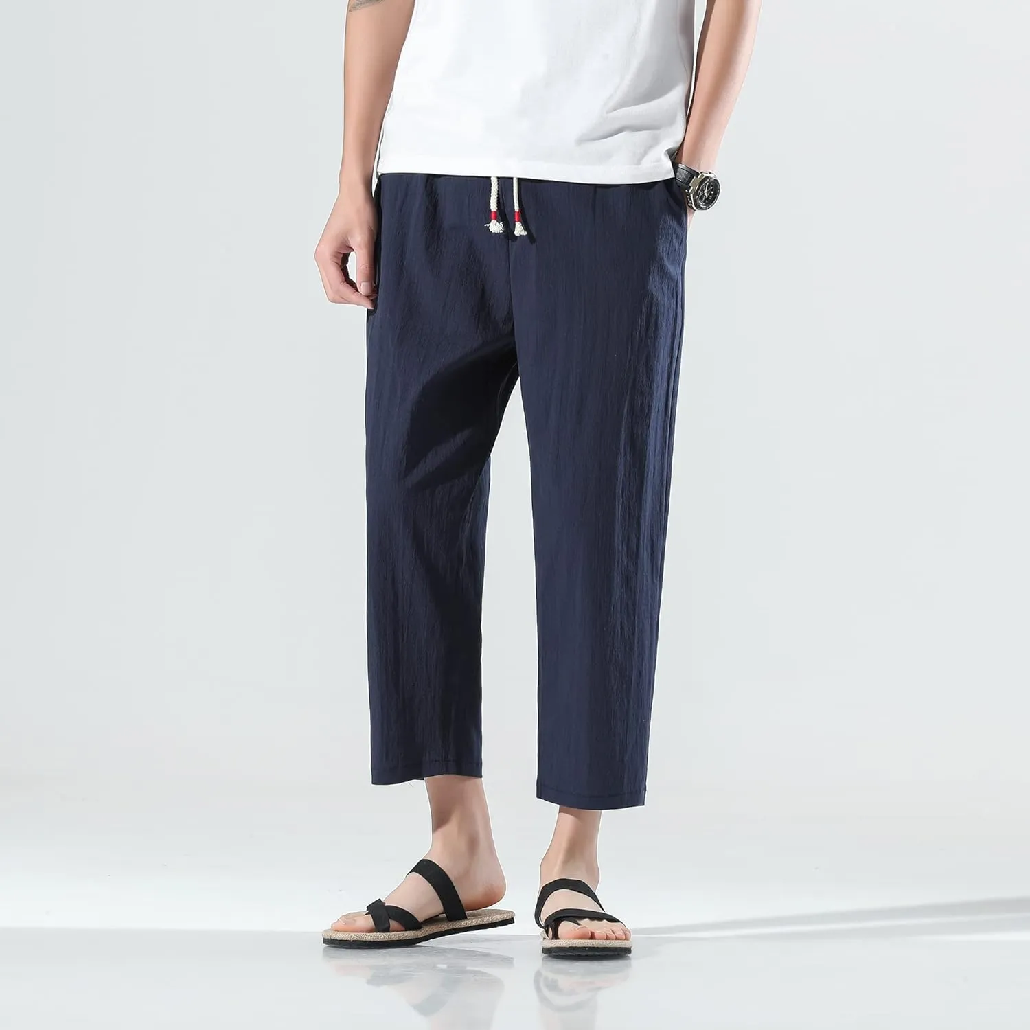 PRIJOUHE Mens Harem Pants Casual Lightweight Loose Fit Capri Pants Linen Beach Pants with Elastic Waistband