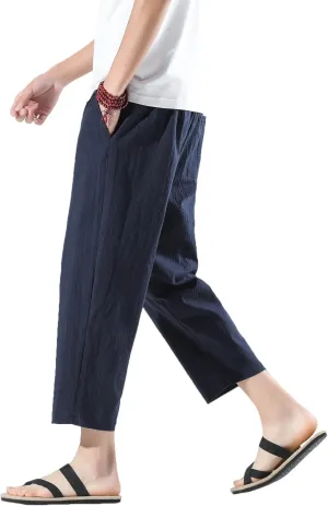 PRIJOUHE Mens Harem Pants Casual Lightweight Loose Fit Capri Pants Linen Beach Pants with Elastic Waistband