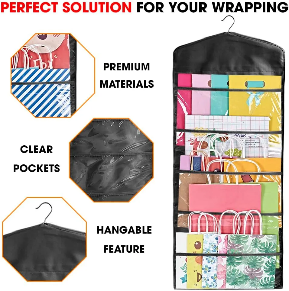 Primode Gift Bag and Tissue Paper Storage, Hanging Organizer with Multiple Front and Back Pockets Double Sided, Organize Gift Wrap and Paper Bags 38 x 16 Inch (Full Black)