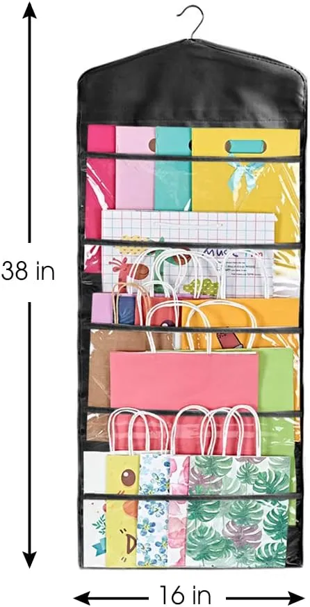 Primode Gift Bag and Tissue Paper Storage, Hanging Organizer with Multiple Front and Back Pockets Double Sided, Organize Gift Wrap and Paper Bags 38 x 16 Inch (Full Black)