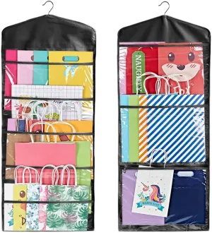 Primode Gift Bag and Tissue Paper Storage, Hanging Organizer with Multiple Front and Back Pockets Double Sided, Organize Gift Wrap and Paper Bags 38 x 16 Inch (Full Black)