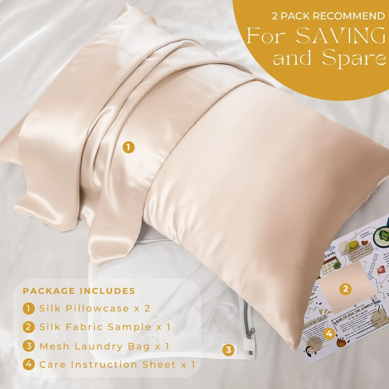 PROMEED 23 Momme Silk Pillowcase 2 Pack with Zipper, 3rd Gen Grade 6A  100% Mulberry Silk Pillow Case Set of 2, Cooling Pillow Cases for Hot Sleepers (Queen 20"x30", Champagne)