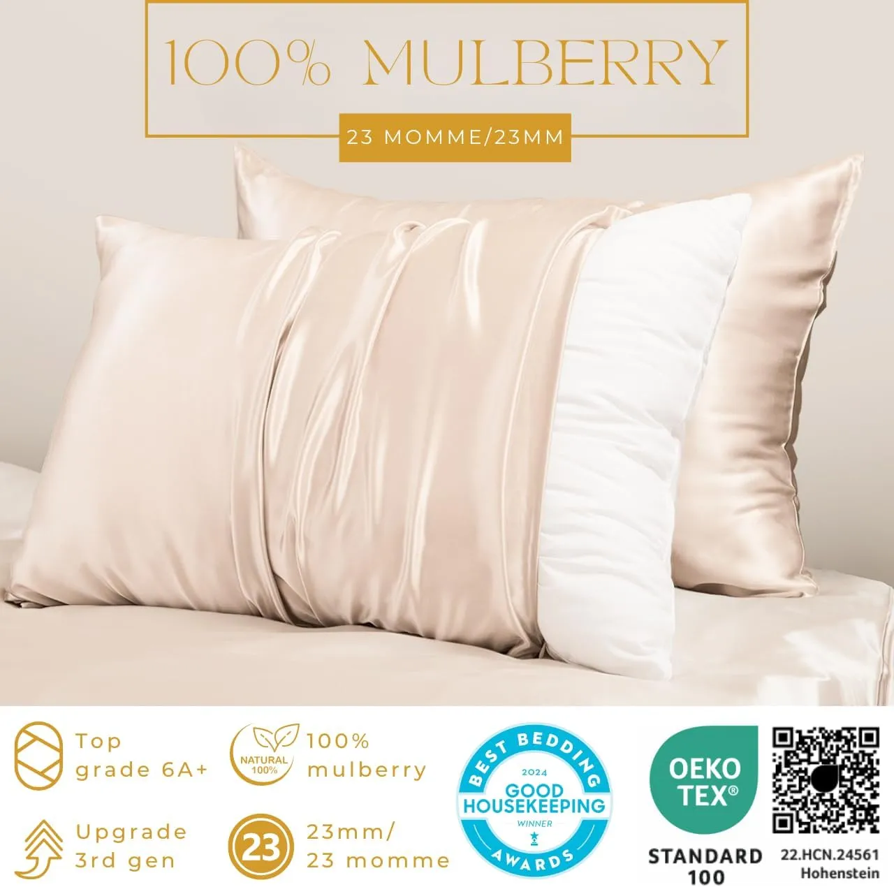 PROMEED 23 Momme Silk Pillowcase 2 Pack with Zipper, 3rd Gen Grade 6A  100% Mulberry Silk Pillow Case Set of 2, Cooling Pillow Cases for Hot Sleepers (Queen 20"x30", Champagne)