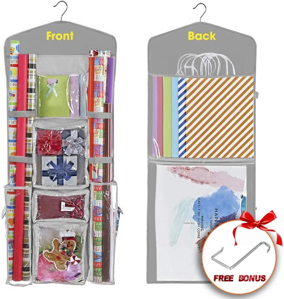 ProPik Hanging Double Sided Christmas Wrapping Paper Storage Organizer With Multiple Pockets, Organize Gift Wrap, Bows, Ribbons - 40"X17" Fits 40 Inch Rolls - Clear PVC Bag (Grey)