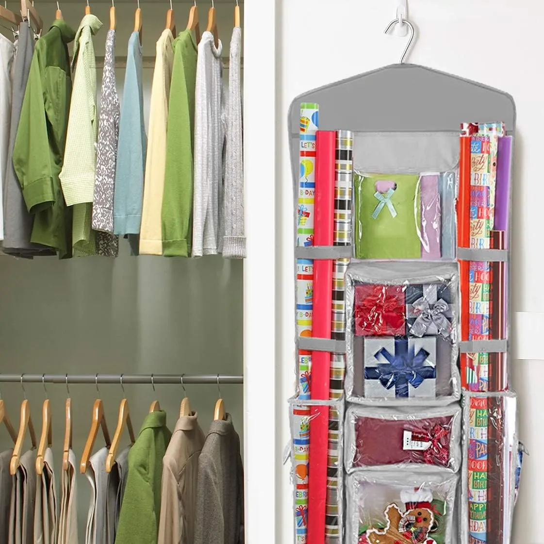 ProPik Hanging Double Sided Christmas Wrapping Paper Storage Organizer With Multiple Pockets, Organize Gift Wrap, Bows, Ribbons - 40"X17" Fits 40 Inch Rolls - Clear PVC Bag (Grey)