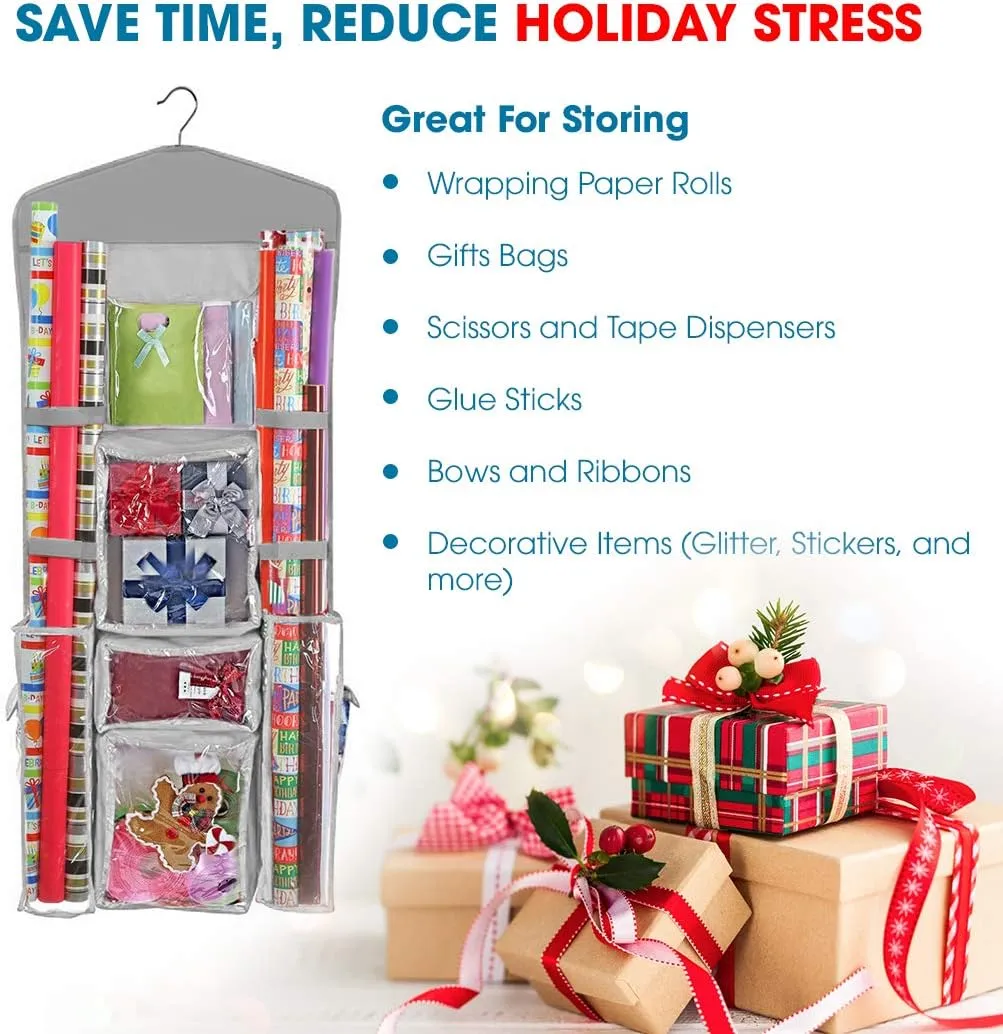 ProPik Hanging Double Sided Christmas Wrapping Paper Storage Organizer With Multiple Pockets, Organize Gift Wrap, Bows, Ribbons - 40"X17" Fits 40 Inch Rolls - Clear PVC Bag (Grey)