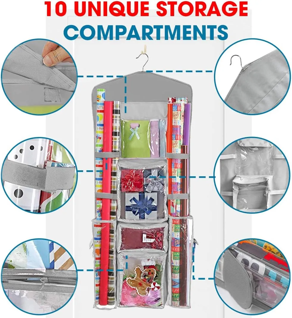 ProPik Hanging Double Sided Christmas Wrapping Paper Storage Organizer With Multiple Pockets, Organize Gift Wrap, Bows, Ribbons - 40"X17" Fits 40 Inch Rolls - Clear PVC Bag (Grey)