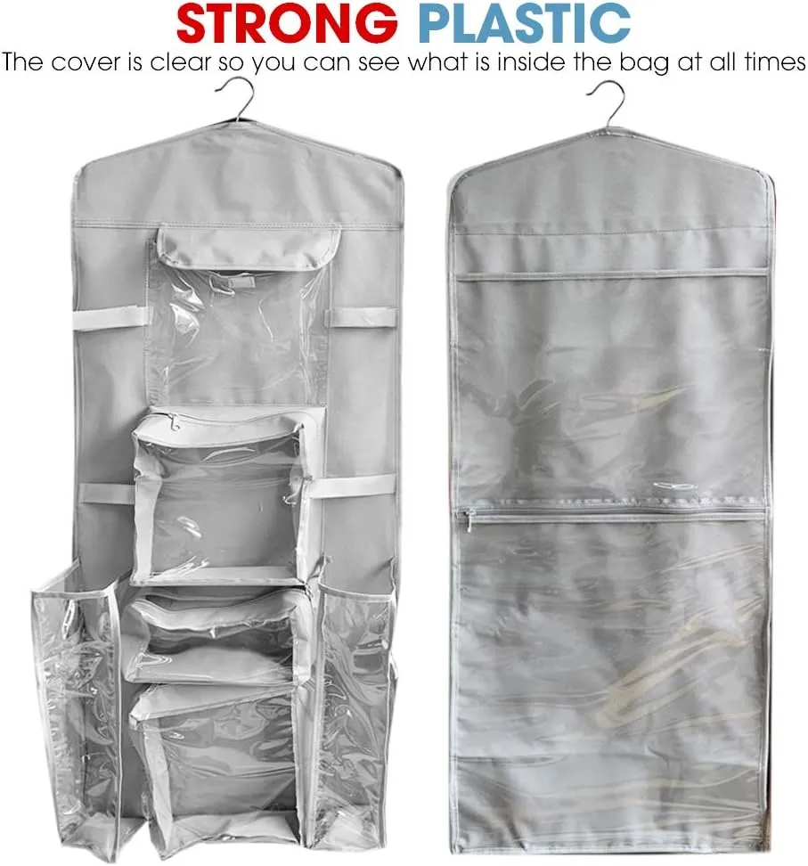 ProPik Hanging Double Sided Christmas Wrapping Paper Storage Organizer With Multiple Pockets, Organize Gift Wrap, Bows, Ribbons - 40"X17" Fits 40 Inch Rolls - Clear PVC Bag (Grey)