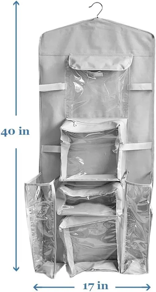 ProPik Hanging Double Sided Christmas Wrapping Paper Storage Organizer With Multiple Pockets, Organize Gift Wrap, Bows, Ribbons - 40"X17" Fits 40 Inch Rolls - Clear PVC Bag (Grey)