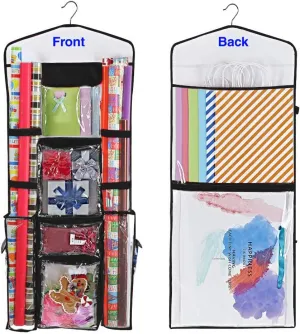 ProPik Hanging Double-Sided Gift Wrap Organizer, Wrapping Paper Storage with Multiple Front and Back Pockets, Organize Your Gift Bags Bows Ribbons 40”X17" Fits 40 Inch Rolls (Black seam)