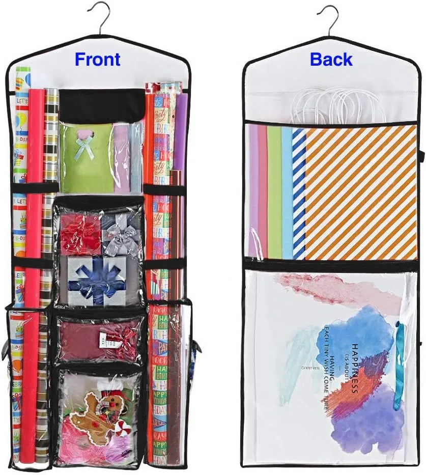 ProPik Hanging Double-Sided Gift Wrap Organizer, Wrapping Paper Storage with Multiple Front and Back Pockets, Organize Your Gift Bags Bows Ribbons 40”X17" Fits 40 Inch Rolls (Black seam)