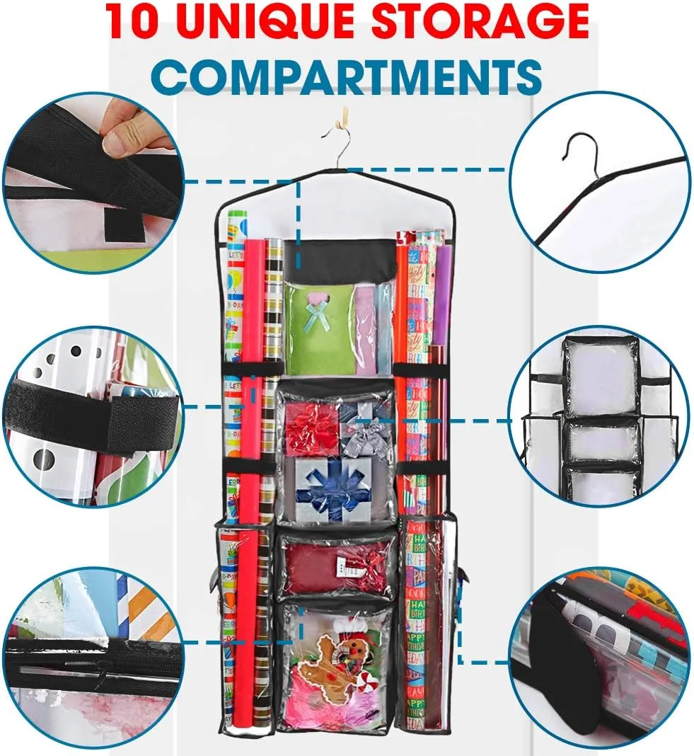 ProPik Hanging Double-Sided Gift Wrap Organizer, Wrapping Paper Storage with Multiple Front and Back Pockets, Organize Your Gift Bags Bows Ribbons 40”X17" Fits 40 Inch Rolls (Black seam)