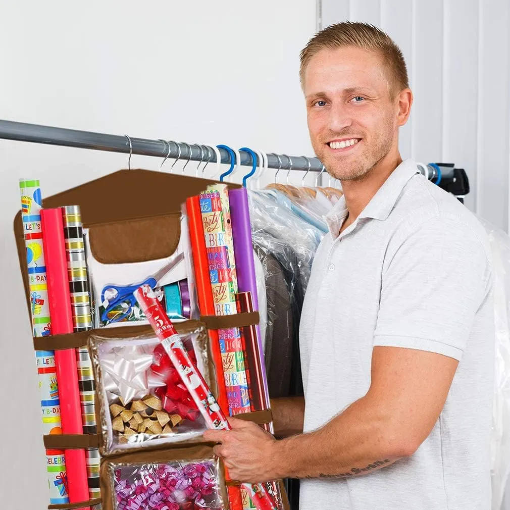 ProPik Hanging Double Sided Wrapping Paper Storage Organizer with Multiple Pockets, Organize your Gift Wrap, Gift Bags, Bows, Ribbons 40"X17" Fits 40 Inch Rolls Clear PVC Bag (Brown)