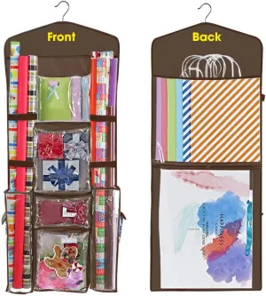 ProPik Hanging Double Sided Wrapping Paper Storage Organizer with Multiple Pockets, Organize your Gift Wrap, Gift Bags, Bows, Ribbons 40"X17" Fits 40 Inch Rolls Clear PVC Bag (Brown)