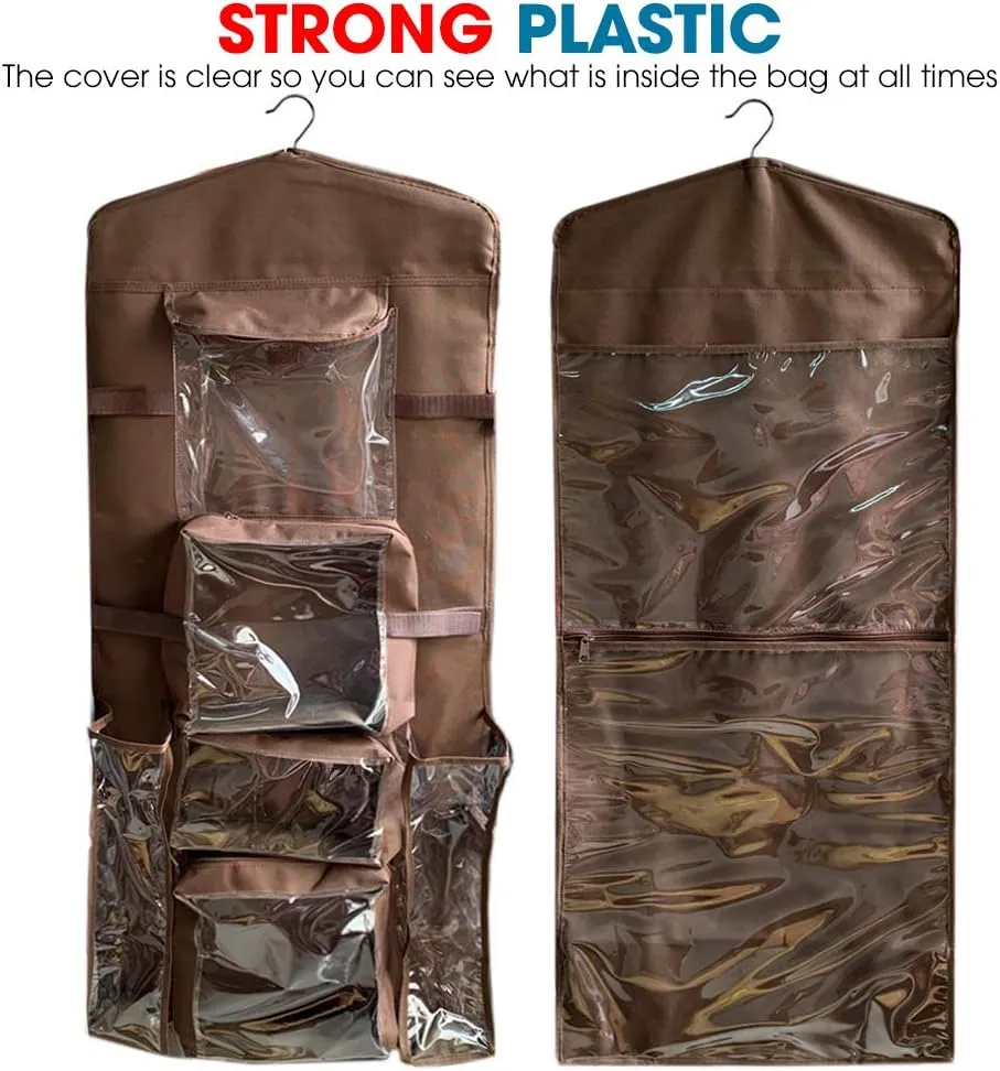 ProPik Hanging Double Sided Wrapping Paper Storage Organizer with Multiple Pockets, Organize your Gift Wrap, Gift Bags, Bows, Ribbons 40"X17" Fits 40 Inch Rolls Clear PVC Bag (Brown)
