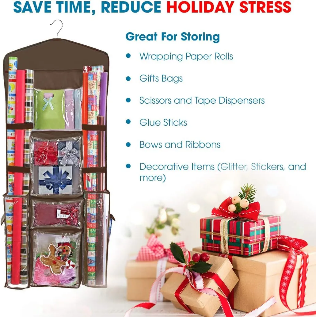 ProPik Hanging Double Sided Wrapping Paper Storage Organizer with Multiple Pockets, Organize your Gift Wrap, Gift Bags, Bows, Ribbons 40"X17" Fits 40 Inch Rolls Clear PVC Bag (Brown)