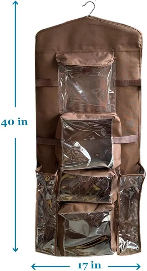 ProPik Hanging Double Sided Wrapping Paper Storage Organizer with Multiple Pockets, Organize your Gift Wrap, Gift Bags, Bows, Ribbons 40"X17" Fits 40 Inch Rolls Clear PVC Bag (Brown)