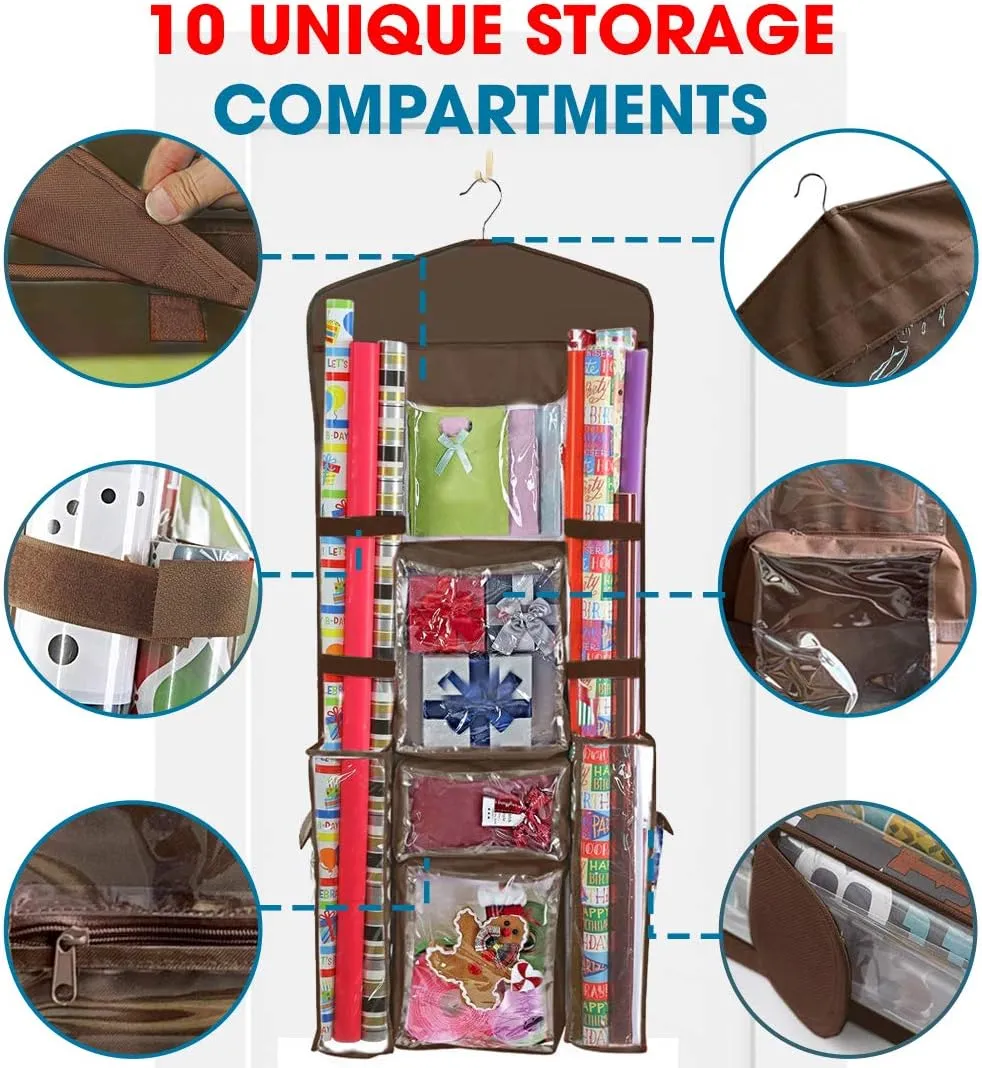 ProPik Hanging Double Sided Wrapping Paper Storage Organizer with Multiple Pockets, Organize your Gift Wrap, Gift Bags, Bows, Ribbons 40"X17" Fits 40 Inch Rolls Clear PVC Bag (Brown)