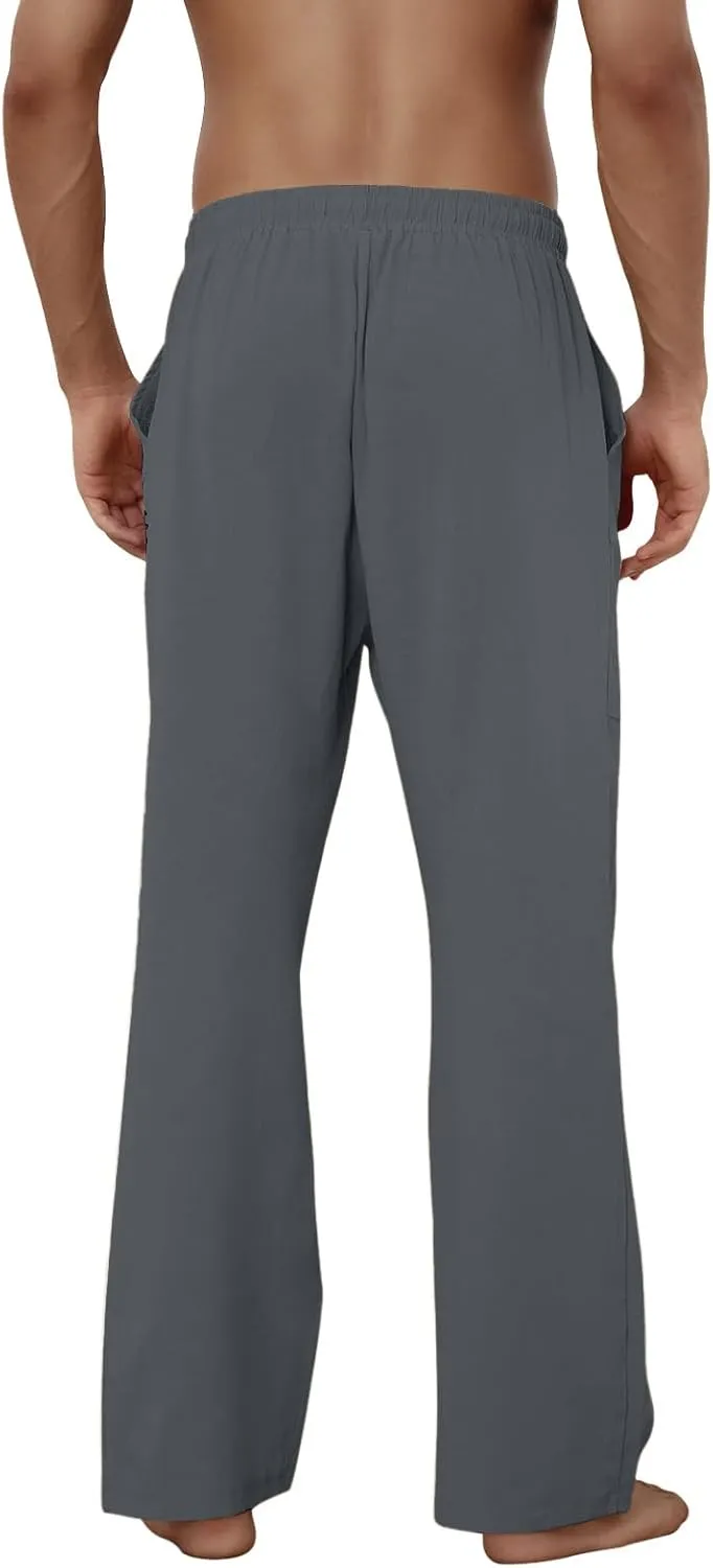 Puimentiua Cotton Linen Pants Men Casual Loose Fit Elastic Drawstring Waist Summer Beach Pants