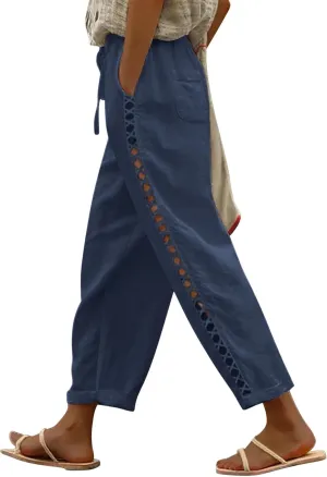 Puimentiua Women's Linen Capri Pants with Drawstring Petite Summer Beachwear Lightweight Elastic Waist Pants
