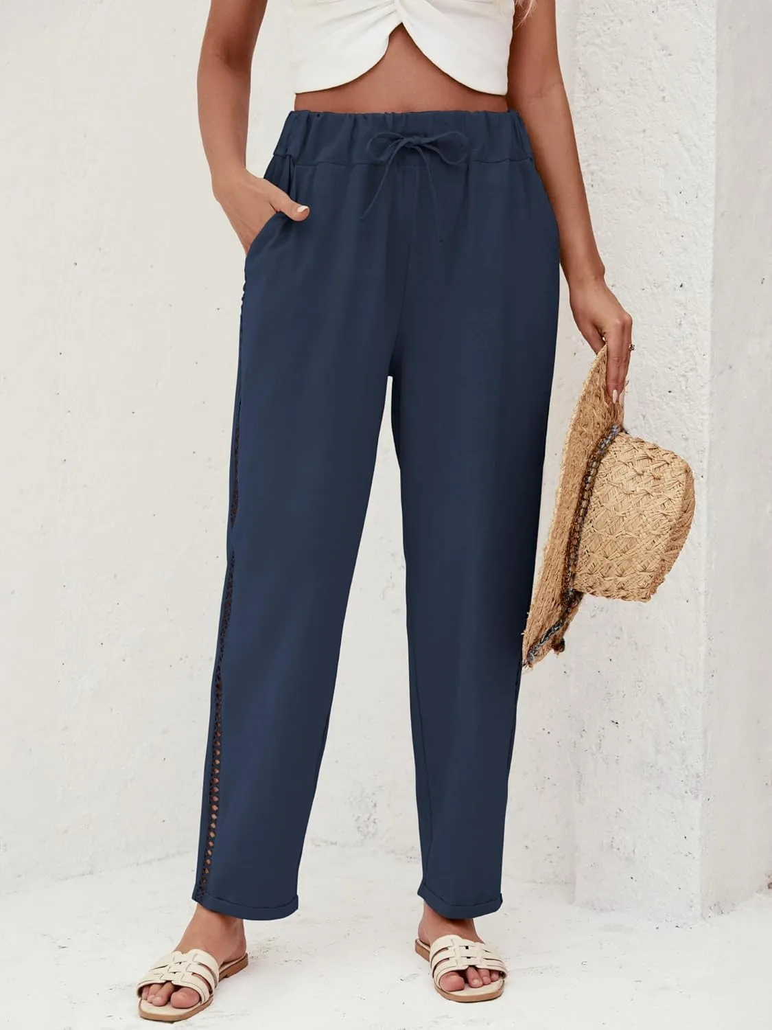 Puimentiua Women's Linen Capri Pants with Drawstring Petite Summer Beachwear Lightweight Elastic Waist Pants