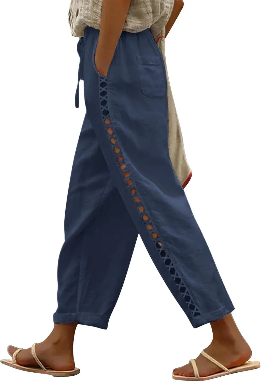 Puimentiua Women's Linen Capri Pants with Drawstring Petite Summer Beachwear Lightweight Elastic Waist Pants