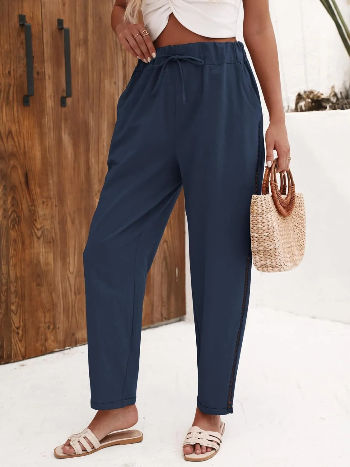 Puimentiua Women's Linen Capri Pants with Drawstring Petite Summer Beachwear Lightweight Elastic Waist Pants