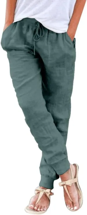 Puimentiua Womens Tapered Pants Cotton Linen Drawstring Back Elastic Waist Pants Casual Trousers with Pockets