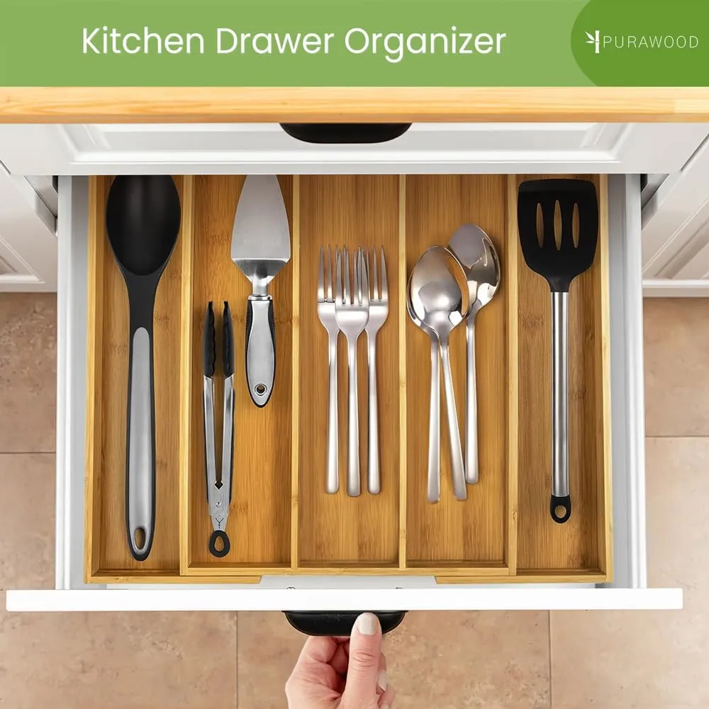 Purawood Kitchen Drawer Organizer - Expandable Utensil Drawer Organizer for Kitchen, Cutlery Tray & Silverware Organizer, 3-5 Slots - Bamboo Organizer for Utensils & Flatware (Natural)
