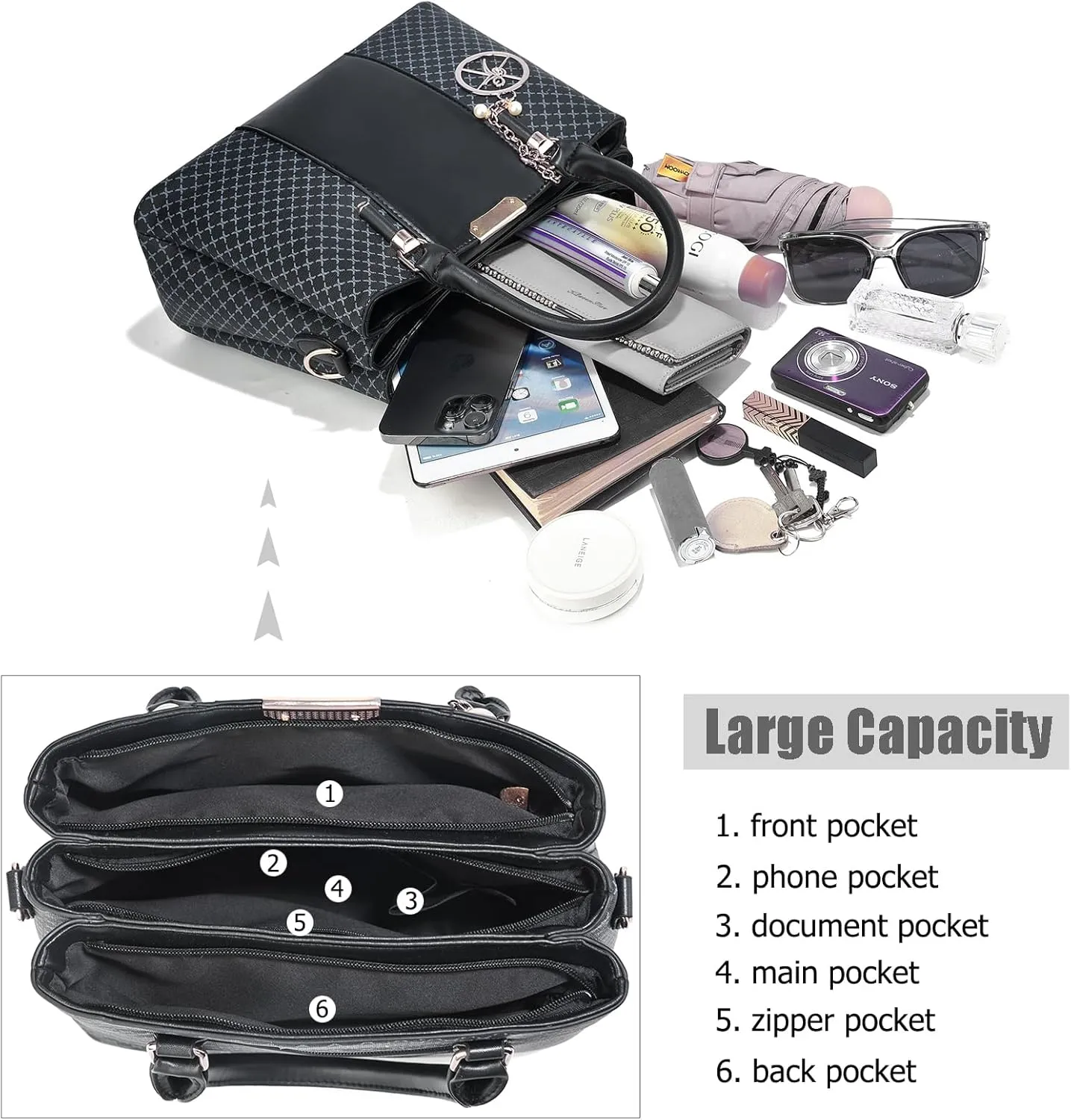 Purse and Handbags for Women, 3 Zip Compartments Tote Bag Designer Shoulder Purse Top Handle Satchel Bags