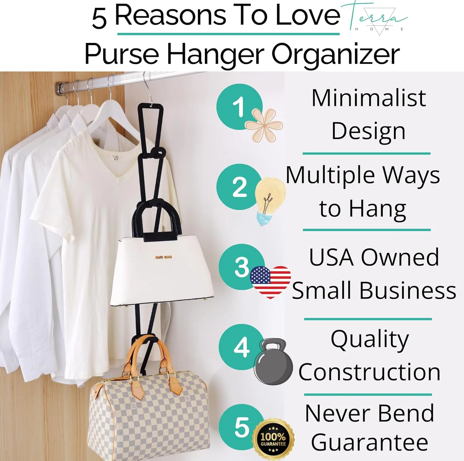 Purse Hanger Closet Organizer Improved Design Bag Chain Hooks for Wall - Compact, Efficient Storage Solution for Bags, Purses, More as Over The Door, in Your Closett or Wall Mount