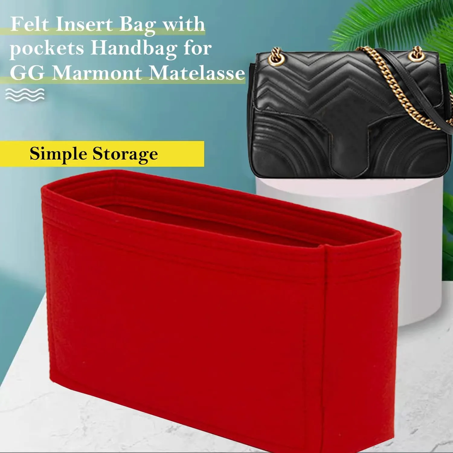 Purse Organizer Insert Felt With Pockets, Mini Handbag Tote Shaper for GG Marmont Matelasse Shoulder Bag, Turn Into Crossbody (Medium, Red)