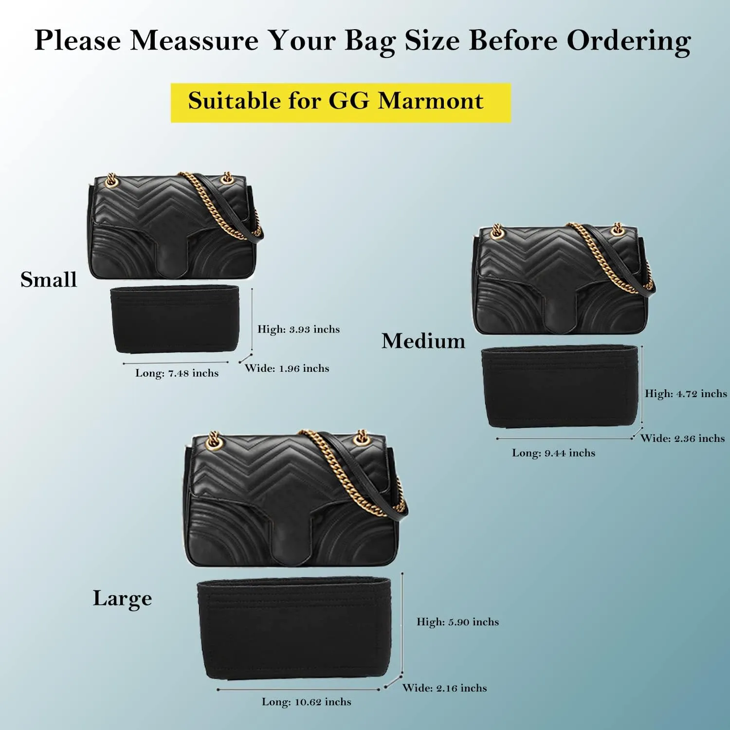 Purse Organizer Insert Felt With Pockets, Mini Handbag Tote Shaper for GG Marmont Matelasse Shoulder Bag, Turn Your Purse Into A Crossbody (Large, Black)