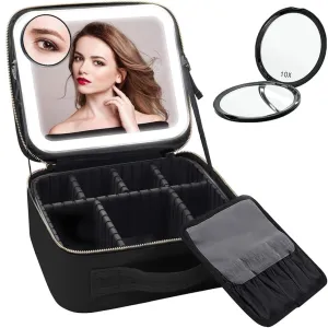 Qivine Travel Makeup Bag with LED Mirror, Cosmetic Make Up Bag with Mirror and Light, Portable Makeup Case with Lighted Mirror, Vanity Makeup Bag with Mirror and Light 10× Maginifying