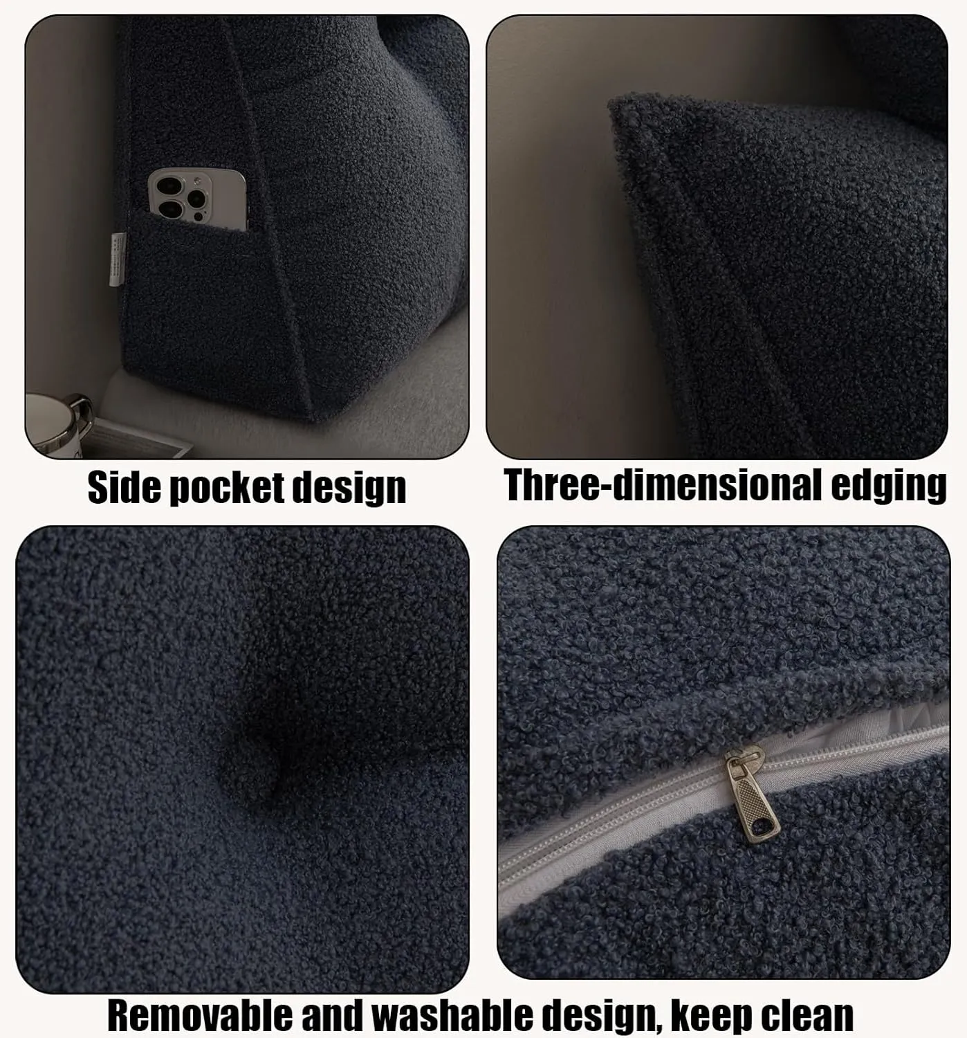 Queen Size Ergonomic Wedge Pillow for Bed - Adjustable Headboard Pillow with 2 Neck Rolls, Removable Velvet Cover & Side Pockets, Non-Slip Base for Reading, Floor Sitting (Dark Blue)