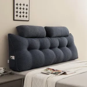Queen Size Ergonomic Wedge Pillow for Bed - Adjustable Headboard Pillow with 2 Neck Rolls, Removable Velvet Cover & Side Pockets, Non-Slip Base for Reading, Floor Sitting (Dark Blue)