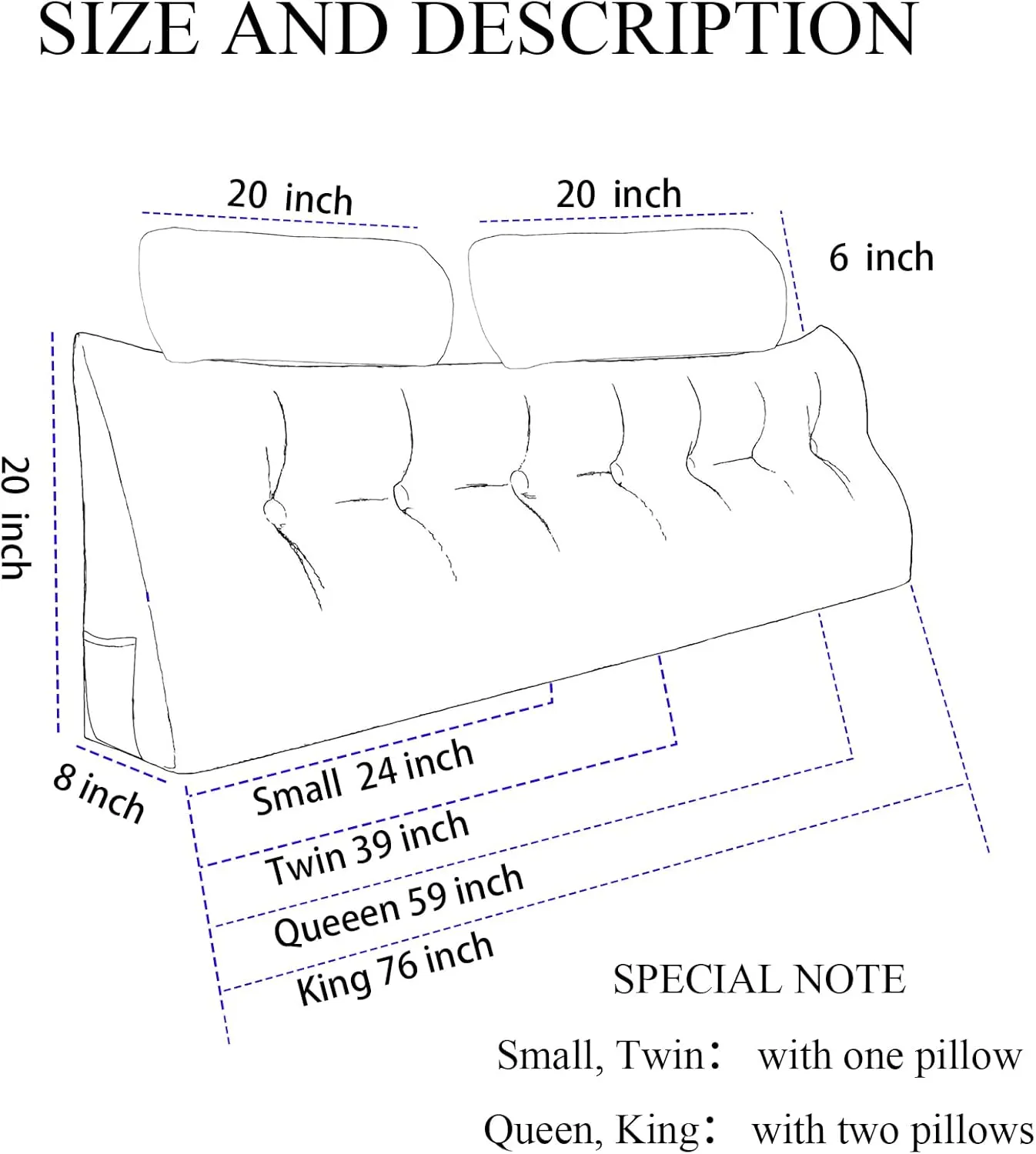 Queen Size Ergonomic Wedge Pillow for Bed - Adjustable Headboard Pillow with 2 Neck Rolls, Removable Velvet Cover & Side Pockets, Non-Slip Base for Reading, Floor Sitting (Dark Blue)