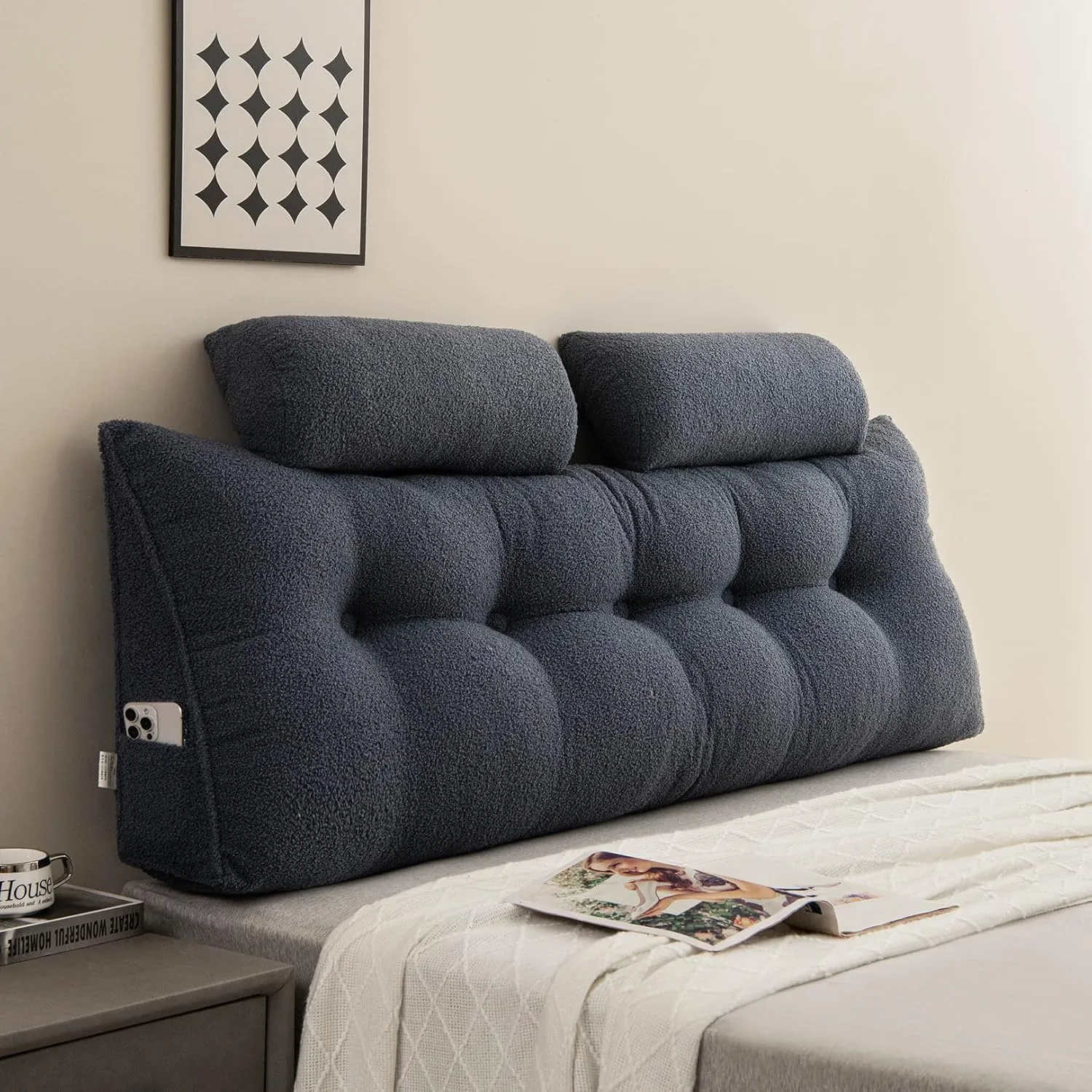 Queen Size Ergonomic Wedge Pillow for Bed - Adjustable Headboard Pillow with 2 Neck Rolls, Removable Velvet Cover & Side Pockets, Non-Slip Base for Reading, Floor Sitting (Dark Blue)