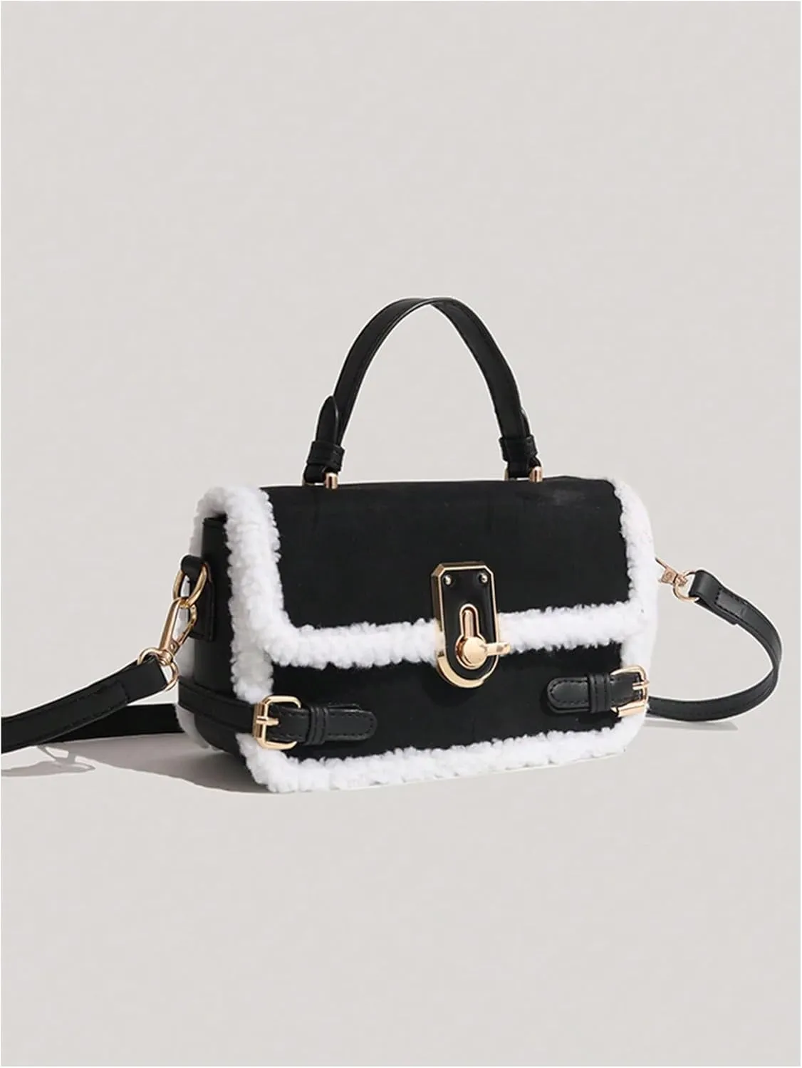 QWINEE Women's Faux Wool Top Handle Crossbody Bag Fuzzy Tote Bag Flap Handbag Faux Fur Bag Furry Purse