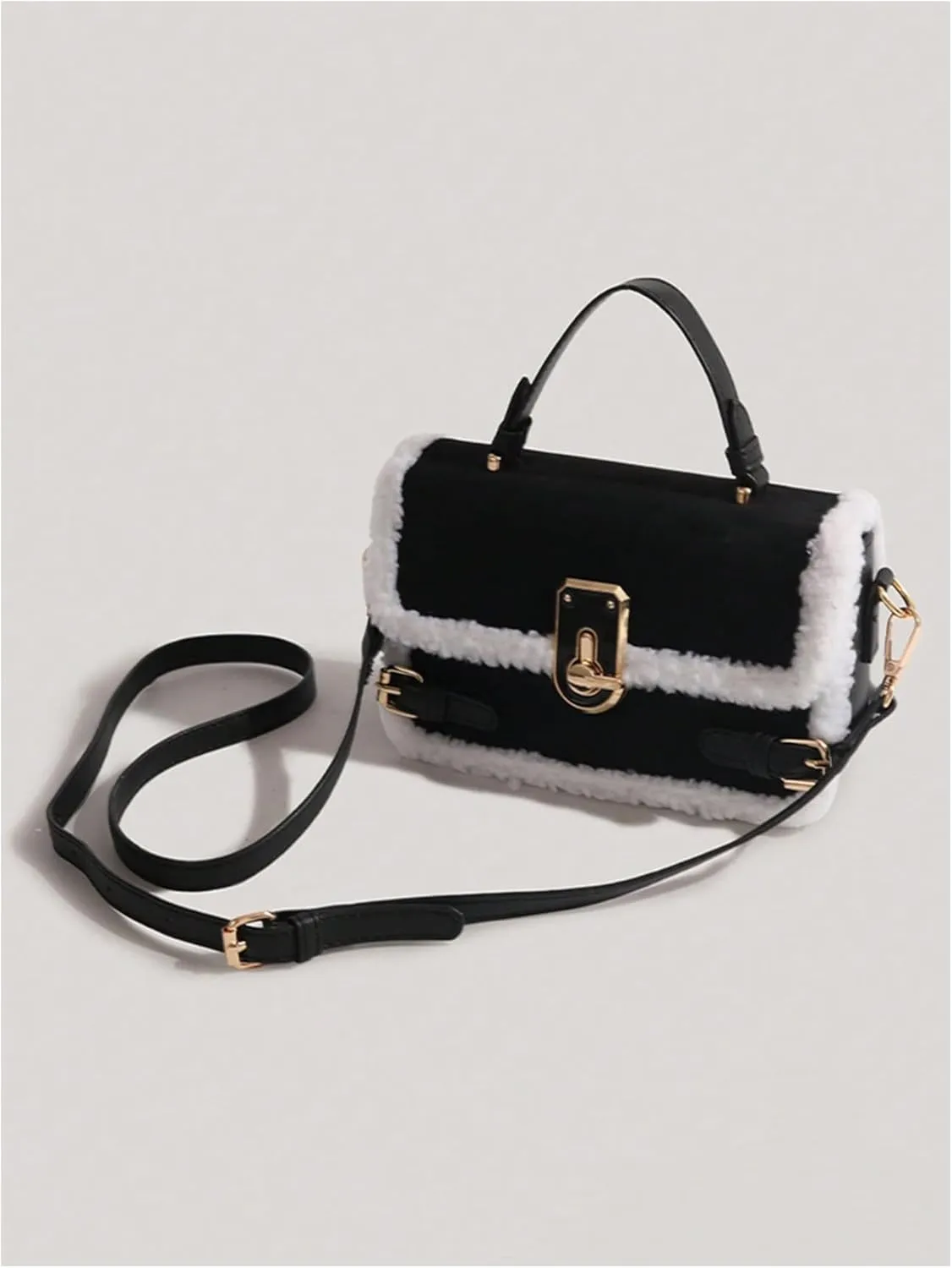 QWINEE Women's Faux Wool Top Handle Crossbody Bag Fuzzy Tote Bag Flap Handbag Faux Fur Bag Furry Purse