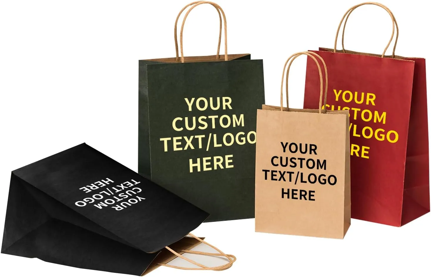 RACETOP 50 PCS Custom Kraft Paper Bags with Logo for Small Business, 8x4.5x10.8 Inch Medium Size, Personalized Gift Bags, Brown Shopping Paper bag with Handle, White Goodie Bag, Bulk