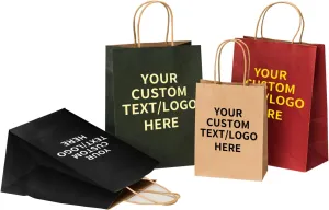 RACETOP 50 PCS Custom Kraft Paper Bags with Logo for Small Business, 8x4.5x10.8 Inch Medium Size, Personalized Gift Bags, Brown Shopping Paper bag with Handle, White Goodie Bag, Bulk