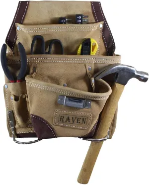 RAVEN 9 Pockets & 2 Hammer Holders Tool Pouch | 13 x 9.5 | Durable Brown Design | Fits Most Belts | Pro's Choice for Construction & Mechanics