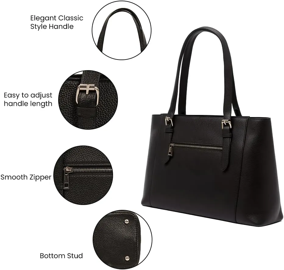 Real Leather 14 inch Laptop Tote Bag for Women - Professional Ladies Leather Work Bag Purse With Compartments