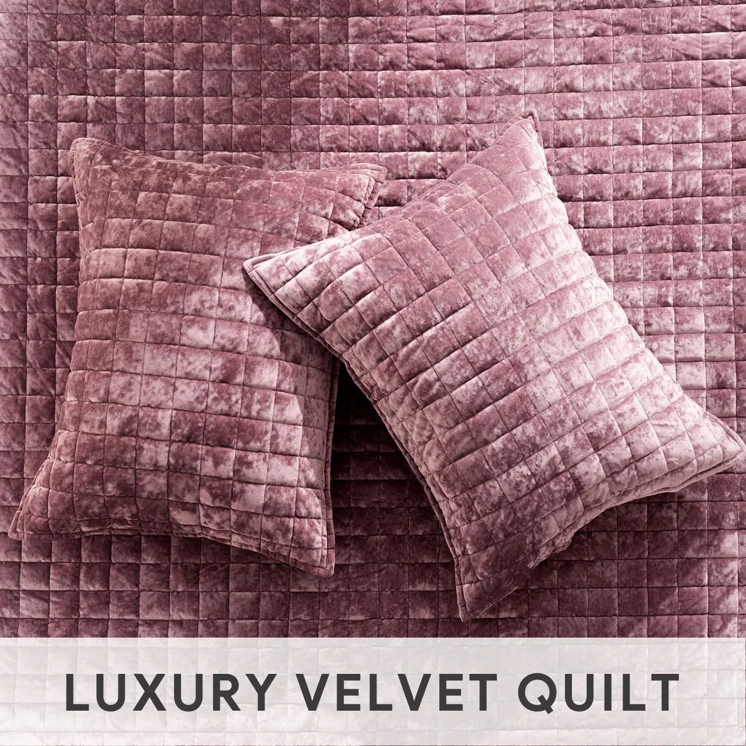 RECYCO Luxury Velvet Quilt Set Full Queen Size, Lightweight Velvet Comforter Set, Oversized Bedspread Coverlet Quilted Bedding Set, with 2 Matching Pillow Shams, for All Season, Dusty Mauve Pink