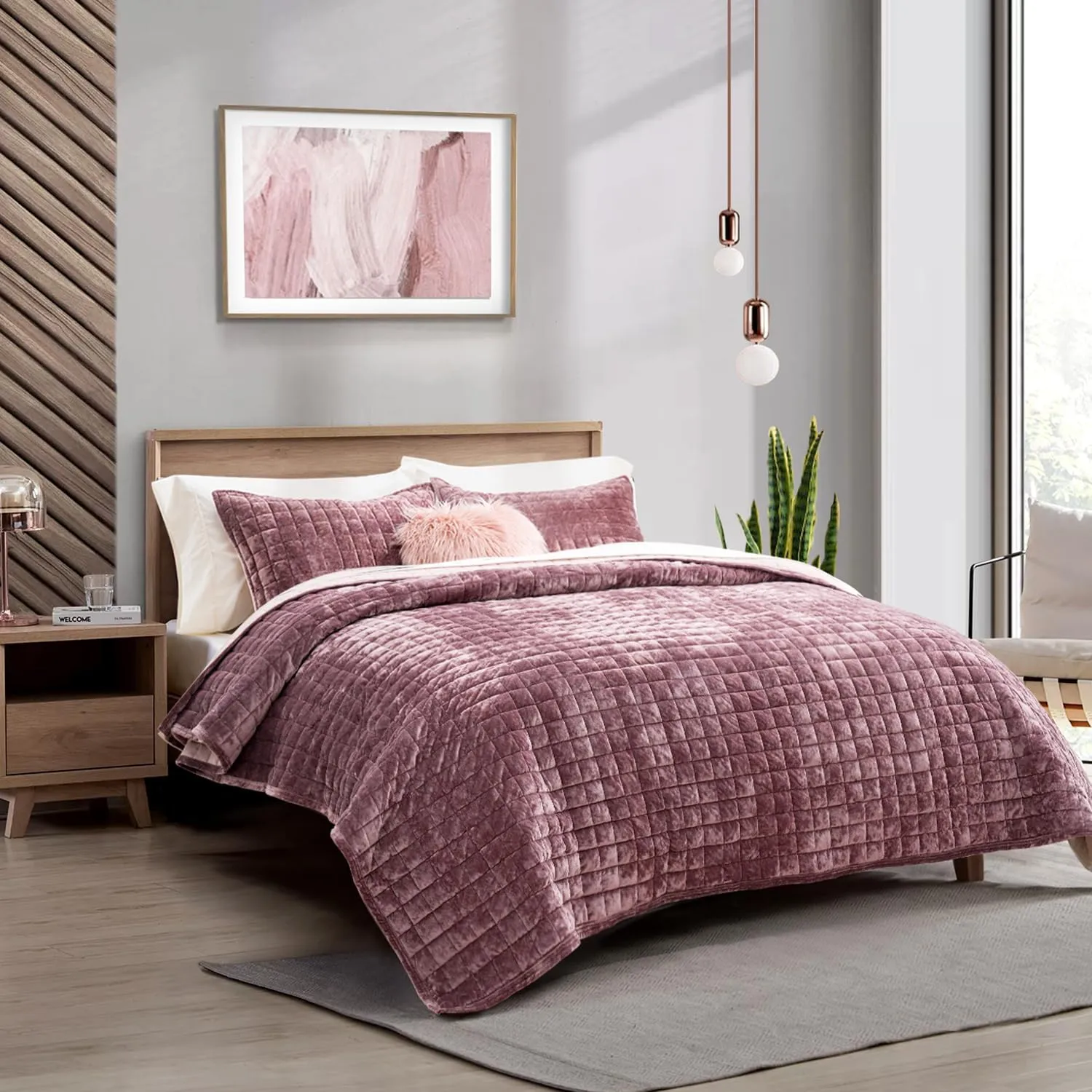 RECYCO Luxury Velvet Quilt Set Full Queen Size, Lightweight Velvet Comforter Set, Oversized Bedspread Coverlet Quilted Bedding Set, with 2 Matching Pillow Shams, for All Season, Dusty Mauve Pink