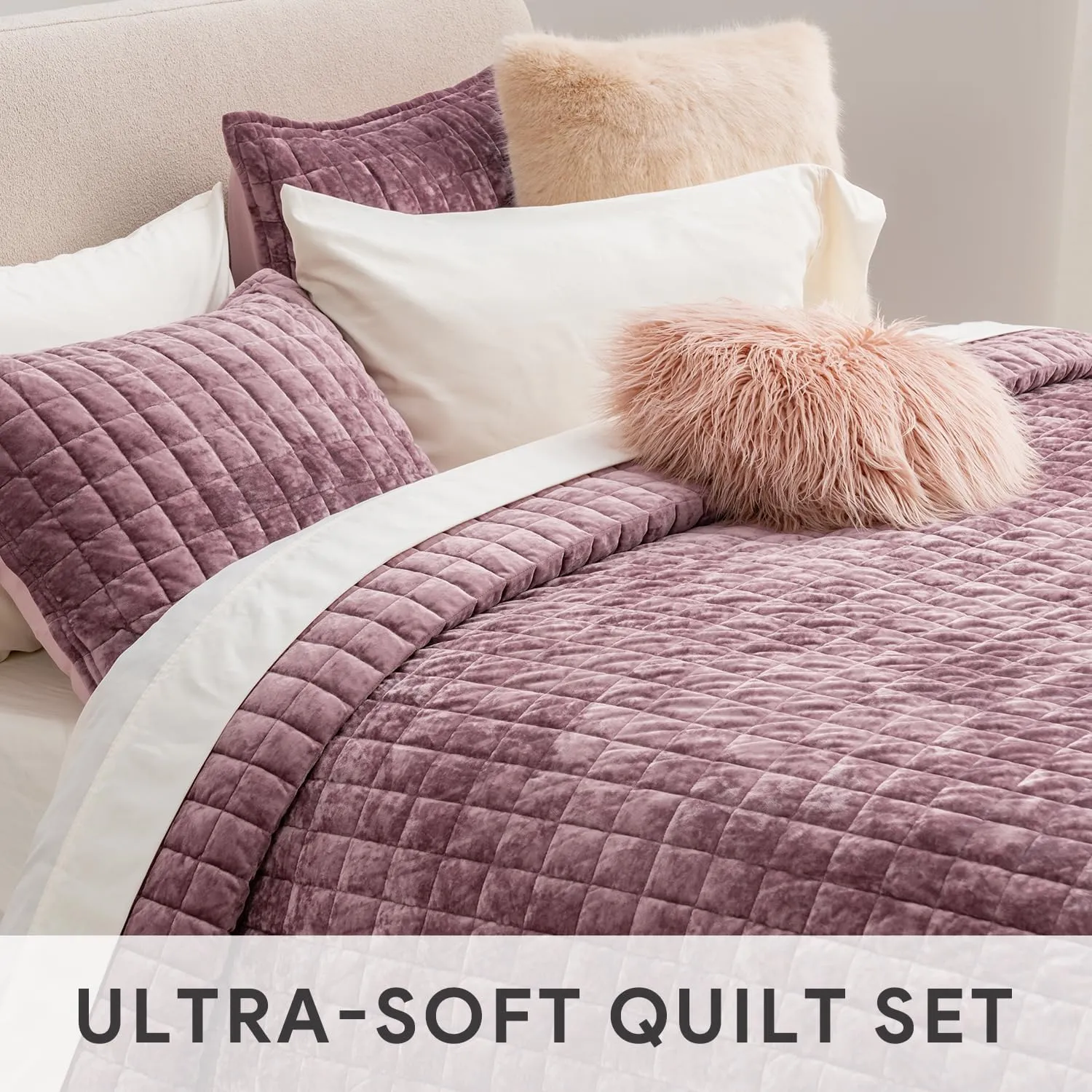 RECYCO Luxury Velvet Quilt Set Full Queen Size, Lightweight Velvet Comforter Set, Oversized Bedspread Coverlet Quilted Bedding Set, with 2 Matching Pillow Shams, for All Season, Dusty Mauve Pink